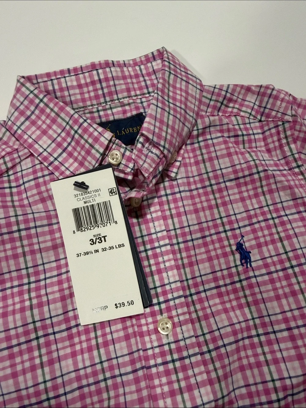 Ralph Lauren Pink Plaid Short-Sleeve Button-Down Shirt with Navy Pony. Kids 3T.